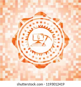 bitcoin mining icon inside orange tile background illustration. Square geometric mosaic seamless pattern with emblem inside.