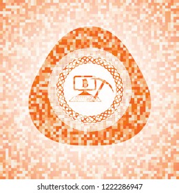 bitcoin mining icon inside orange tile background illustration. Square geometric mosaic seamless pattern with emblem inside.