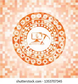 bitcoin mining icon inside orange mosaic emblem with background