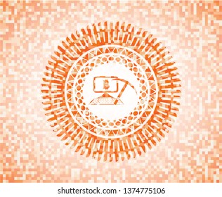 bitcoin mining icon inside orange tile background illustration. Square geometric mosaic seamless pattern with emblem inside.