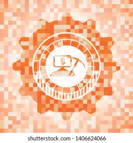 bitcoin mining icon inside orange tile background illustration. Square geometric mosaic seamless pattern with emblem inside.