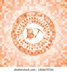 bitcoin mining icon inside orange tile background illustration. Square geometric mosaic seamless pattern with emblem inside.
