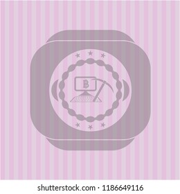 bitcoin mining icon inside pink emblem. Vintage.