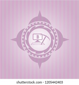 bitcoin mining icon inside pink emblem. Vintage.