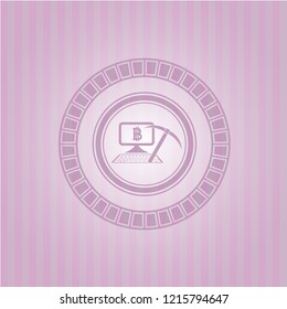 bitcoin mining icon inside pink emblem. Vintage.