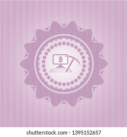 bitcoin mining icon inside pink emblem. Vintage.