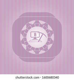 bitcoin mining icon inside pink emblem. Retro