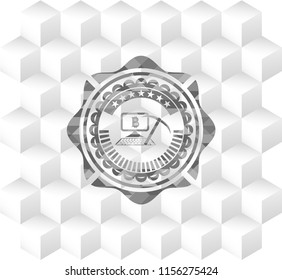 bitcoin mining icon inside realistic grey emblem with geometric cube white background