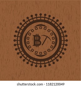 bitcoin mining icon inside realistic wood emblem
