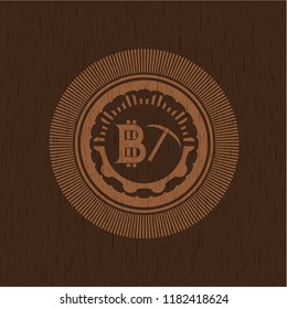 bitcoin mining icon inside realistic wood emblem