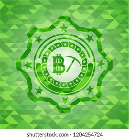 bitcoin mining icon inside realistic green emblem. Mosaic background