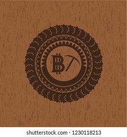 bitcoin mining icon inside realistic wood emblem