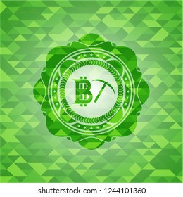 bitcoin mining icon inside realistic green emblem. Mosaic background