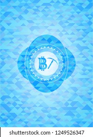 bitcoin mining icon inside realistic sky blue emblem. Mosaic background