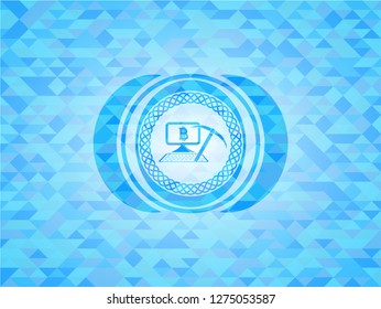 bitcoin mining icon inside realistic sky blue emblem. Mosaic background