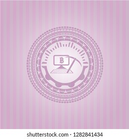 bitcoin mining icon inside realistic pink emblem