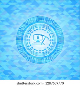 bitcoin mining icon inside realistic sky blue emblem. Mosaic background