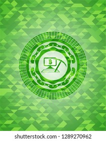 bitcoin mining icon inside realistic green emblem. Mosaic background