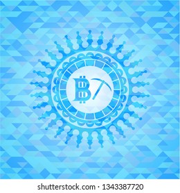 bitcoin mining icon inside realistic sky blue emblem. Mosaic background