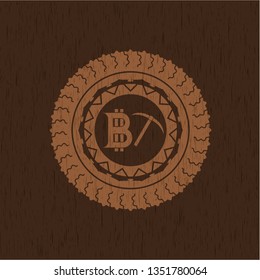 bitcoin mining icon inside realistic wooden emblem