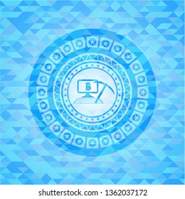 bitcoin mining icon inside realistic sky blue mosaic emblem