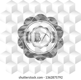 bitcoin mining icon inside realistic grey emblem with geometric cube white background