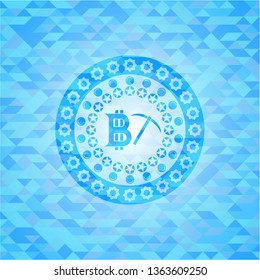 bitcoin mining icon inside realistic light blue mosaic emblem