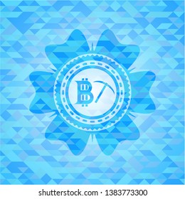 bitcoin mining icon inside realistic sky blue mosaic emblem