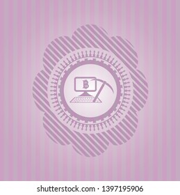bitcoin mining icon inside realistic pink emblem