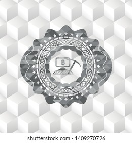 bitcoin mining icon inside realistic grey emblem with geometric cube white background