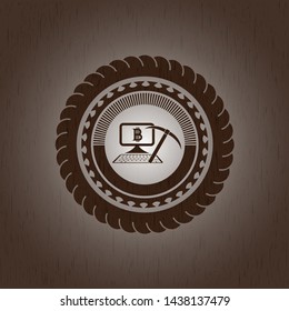 bitcoin mining icon inside realistic wooden emblem
