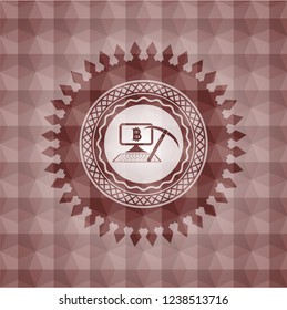 bitcoin mining icon inside red emblem with geometric pattern. Seamless.
