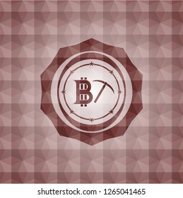 bitcoin mining icon inside red emblem with geometric pattern background. Seamless.