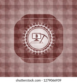 bitcoin mining icon inside red emblem with geometric background. Seamless.
