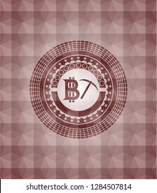 bitcoin mining icon inside red seamless emblem or badge with abstract geometric pattern background.