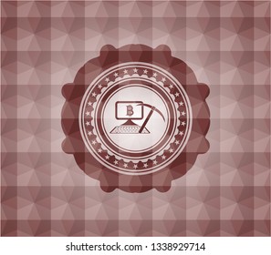 bitcoin mining icon inside red seamless emblem with geometric pattern.