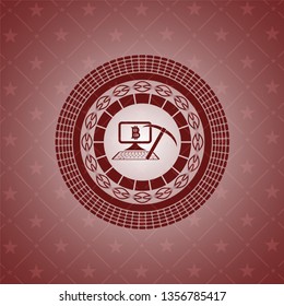 bitcoin mining icon inside red emblem. Vintage.