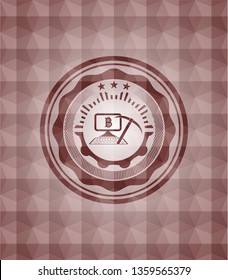 bitcoin mining icon inside red emblem with geometric pattern background. Seamless.