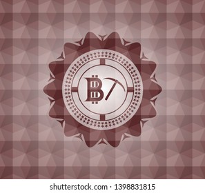 bitcoin mining icon inside red badge with geometric pattern. Seamless.