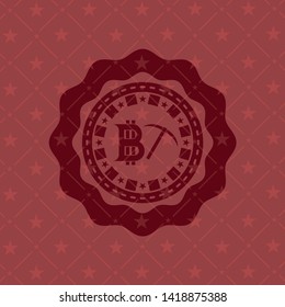 bitcoin mining icon inside red emblem. Vintage.