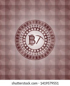 bitcoin mining icon inside red badge with geometric pattern background. Seamless.