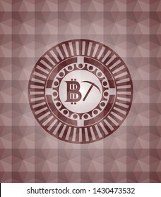 bitcoin mining icon inside red badge with geometric pattern. Seamless.