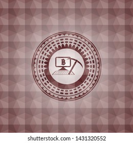 bitcoin mining icon inside red emblem with geometric pattern background. Seamless.