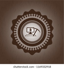 bitcoin mining icon inside retro wooden emblem