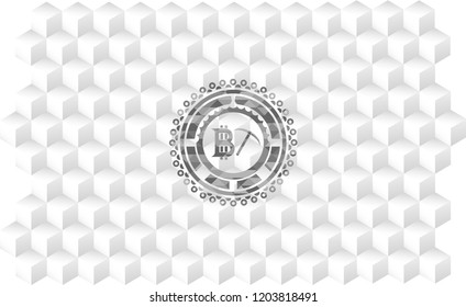 bitcoin mining icon inside retro style grey emblem with geometric cube white background