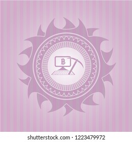 bitcoin mining icon inside retro pink emblem