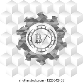 bitcoin mining icon inside retro style grey emblem with geometric cube white background