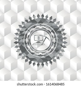 bitcoin mining icon inside retro style grey emblem with geometric cube white background