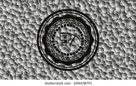 icono de minería de bitcoin dentro del emblema negro de estilo retro con fondo de burbujas. Ilustración vectorial. Detallado.