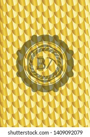 bitcoin mining icon inside shiny golden badge. Scales pattern. Vector Illustration. Detailed.